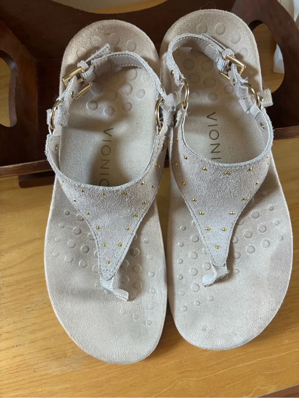 Vionic Taupe Suede Thong Sandals with Gold Studs